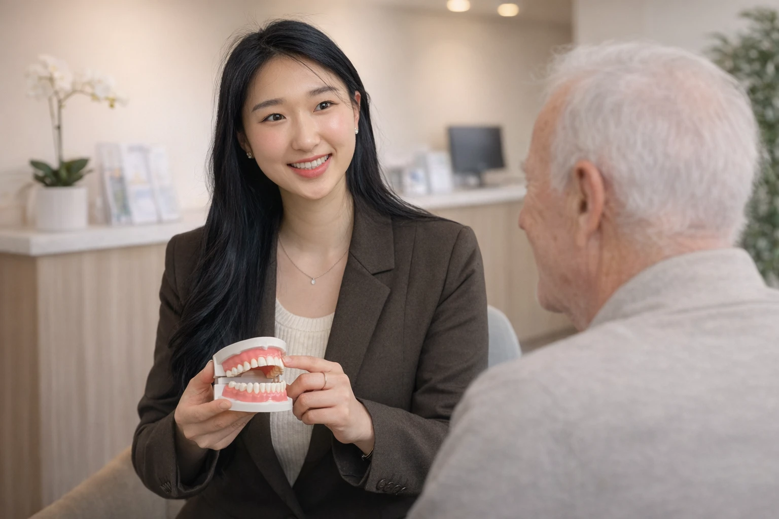 Friendly dentist patient conversation in clinic